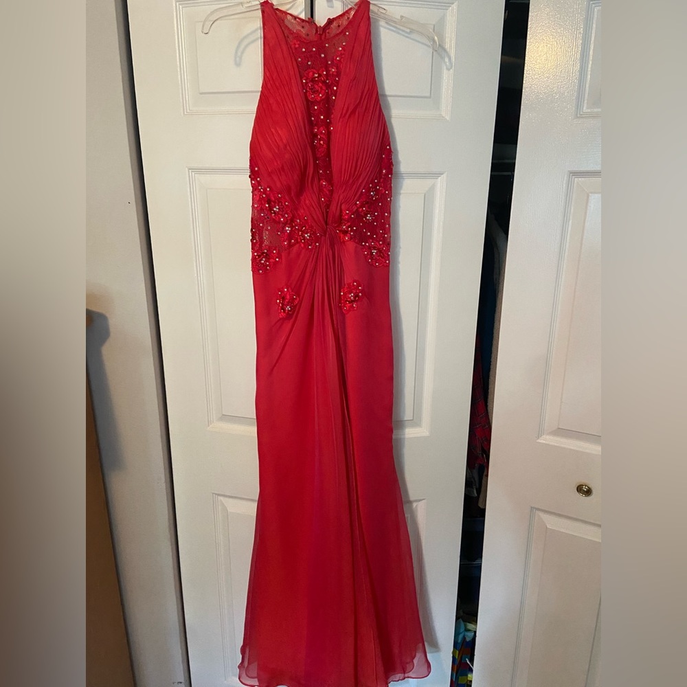 Coral Lace and Sequins High Neck Prom Dress